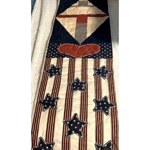 Handmade Patriotic Quilted Wall Hanging With Stars Stripes Design 10" x 37" - Picture 1 of 8